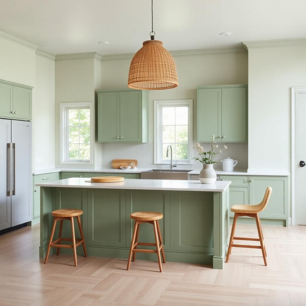 Sage green kitchen with light wood flooring